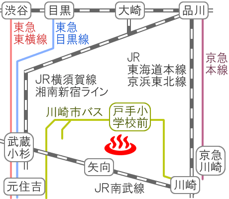 Train and bus route map of Jomon Tennen-onsen Shirakunoyu, Kanagawa Prefecture