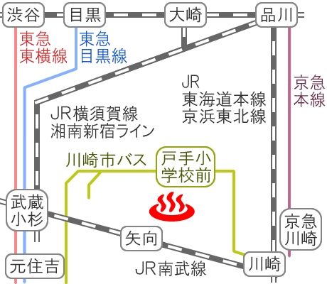 神奈川県川崎市縄文天然温泉志楽の湯の電車バス路線図