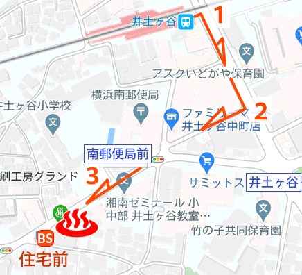 神奈川県横浜天然温泉くさつの地図とバス停