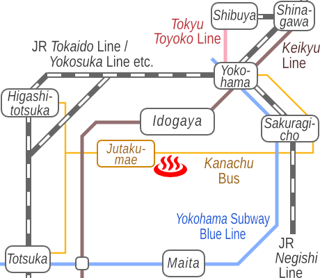 Train and bus route map of Yokohama Tennen-onsen Kusatsu, Kanagawa Prefecture
