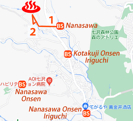 Map and bus stop of Kabutoyu-onsen Sansuiro in Kanagawa Prefecture