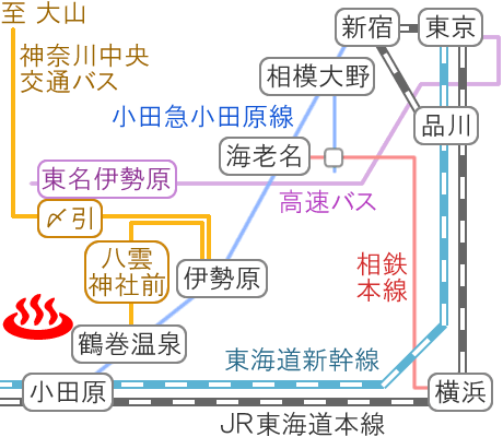 神奈川県秦野市鶴巻温泉弘法の里湯の電車バス路線図