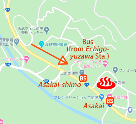 Map and bus stop of Yukisasanoyu, Naeba Onsen in Niigata Prefecture