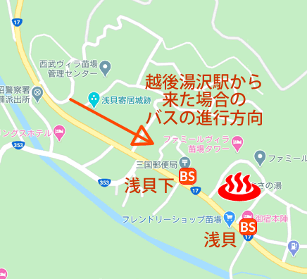 Map and bus stop of Yukisasanoyu, Naeba Onsen in Niigata Prefecture