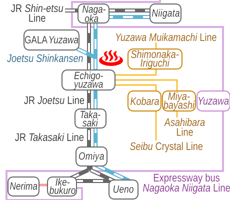 Train and bus route map of Echigo-yuzawa Onsen Komakonoyu, Niigata Prefecture, Japan