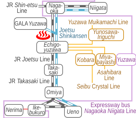 Train and bus route map of Echigo-yuzawa Onsen Yamanoyu, Niigata Prefecture, Japan