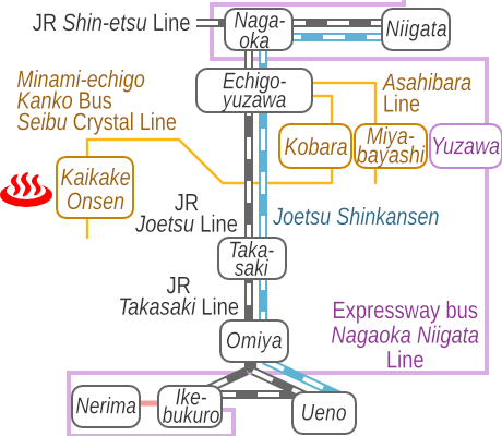 Train and bus route map of Kaikake Onsen, Niigata Prefecture, Japan