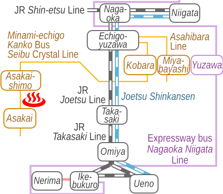 Train and bus route map of Naeba Onsen Yukisasanoyu, Niigata Prefecture, Japan