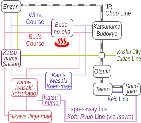 山梨県勝沼ぶどうの丘温泉天空の湯の電車バス路線図