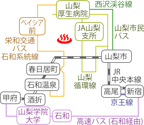 Train and bus route map of Shotokuji-onsen Hatsuhana, Yamanashi Prefecture