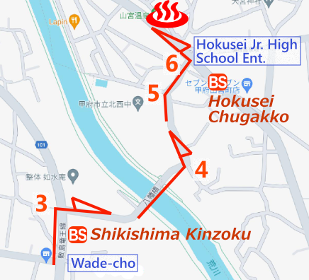 Map and bus stop of Yamamiya-onsen in Kofu City, Yamanashi Prefecture, Japan