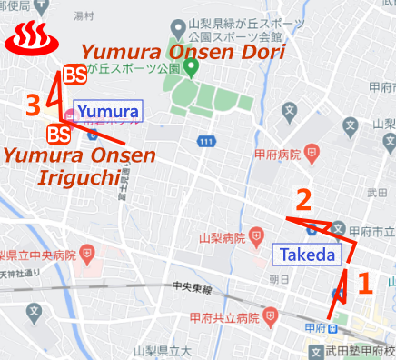 Map and bus stop of Yumura Onsen Tsue-onsen Koboyu in Yamanashi Prefecture, Japan