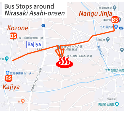 Map and bus stop of Nirasaki Asahi-onsen in Yamanashi Prefecture