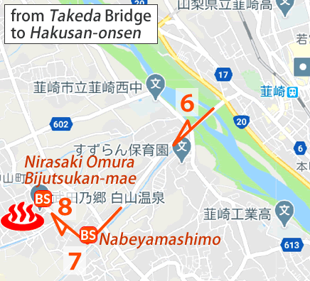 Map and bus stop of Hakusan-onsen in Yamanashi Prefecture