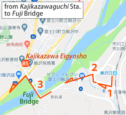 Map and bus stop of Jikkoku Onsen Yamanoyu in Yamanashi Prefecture