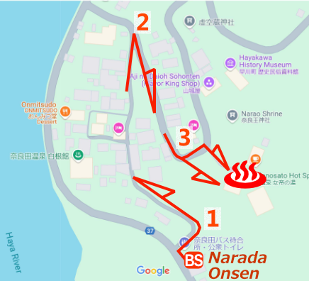 Map and bus stop of Narada Onsen Joteinoyu in Yamanashi Prefecture, Japan