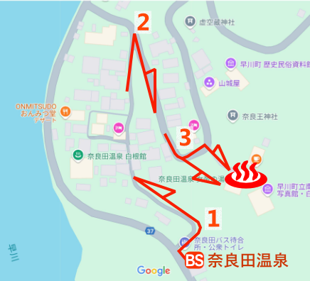 Map and bus stop of Narada Onsen Joteinoyu in Yamanashi Prefecture, Japan