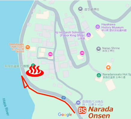 Map and bus stop of Narada Onsen Shiranekan in Yamanashi Prefecture, Japan