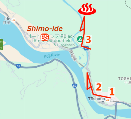 Map and bus stop of Sanogawa-onsen in Yamanashi Prefecture, Japan