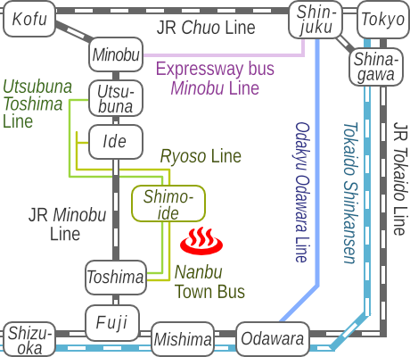 Train and bus route map of Sanogawa-onsen in Yamanashi Prefecture, Japan