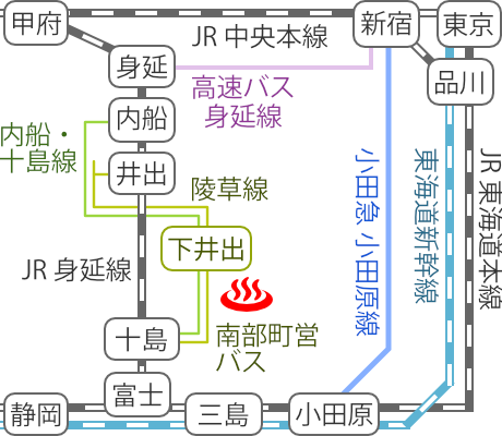 山梨県佐野川温泉の電車バス路線図