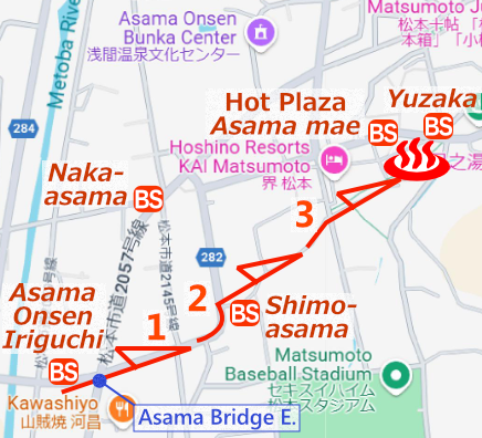Map and bus stop of Asama Onsen in Matsumoto City, Nagano Prefecture, Japan