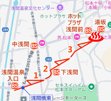 長野県松本市浅間温泉の地図とバス停