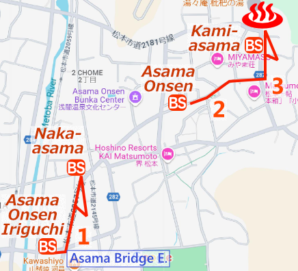 Map and bus stop of Asama Onsen in Matsumoto City, Nagano Prefecture, Japan