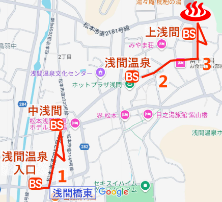 長野県松本市浅間温泉の地図とバス停