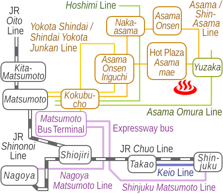 Train and bus route map of Asama Onsen in Matsumoto City, Nagano Prefecture, Japan