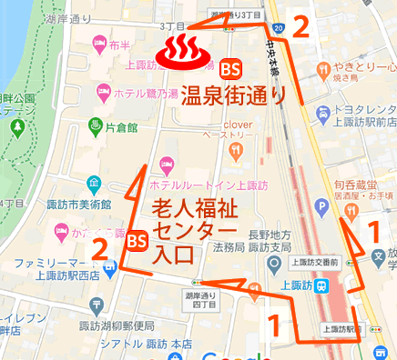 長野県上諏訪温泉渋の湯の地図とバス停
