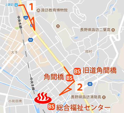 長野県上諏訪温泉大和温泉の地図とバス停