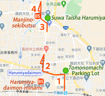 Map and bus stop of Shimosuwa Onsen Dokusawa-kosen Kaminoyu in Nagano Prefecture