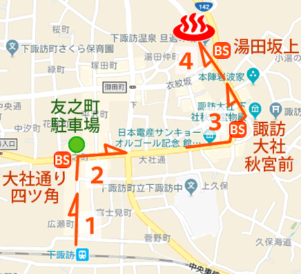 Map and bus stop of Shimosuwa Onsen Tanganoyu in Nagano Prefecture