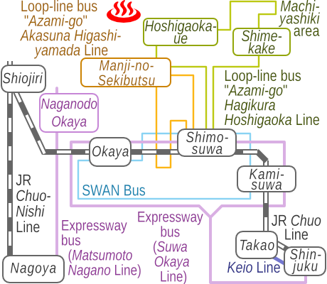 Train and bus route map of Shimosuwa Onsen Dokusawa-kosen Kaminoyu, Nagano Prefecture