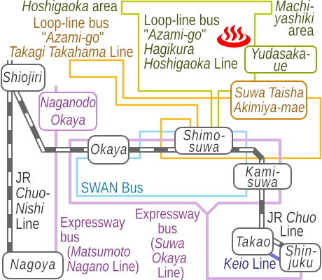 長野県下諏訪温泉旦過の湯の電車バス路線図