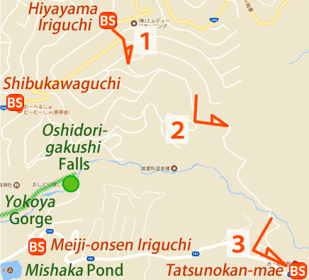 Map and bus stop of Oku-tateshina Onsen Shibu Gotenyu in Nagano Prefecture