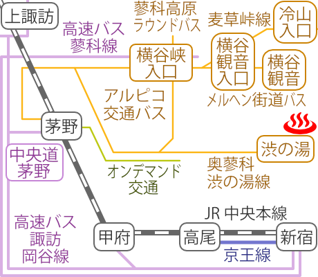 長野県茅野奥蓼科温泉渋御殿湯の電車バス路線図