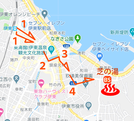 静岡県伊東温泉毘沙門天芝の湯の地図とバス停