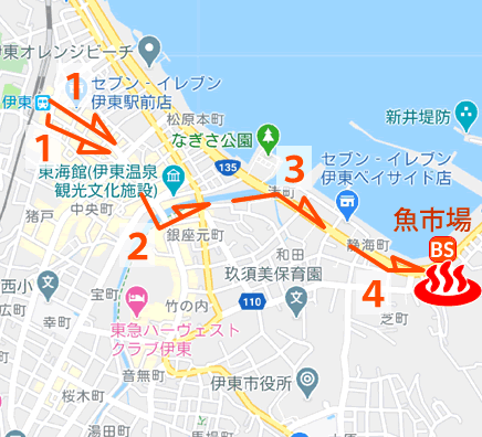 静岡県伊東温泉恵比寿あらいの湯の地図とバス停