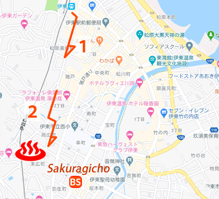 Map and bus stop of Ito Onsen Ogawa Hoteinoyu in Shizuoka Prefecture