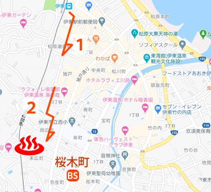 静岡県伊東温泉小川布袋の湯の地図とバス停