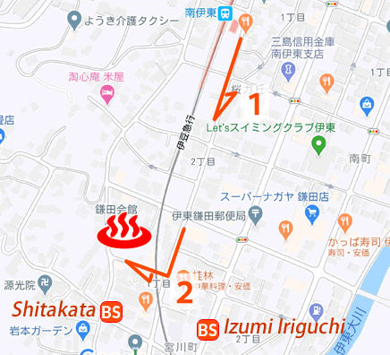 Map and bus stop of Ito Onsen Kamata Fukurokujunoyu in Shizuoka Prefecture