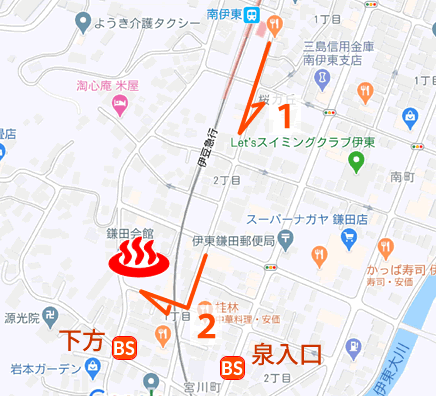 Map and bus stop of Ito Onsen Kamata Fukurokujunoyu in Shizuoka Prefecture