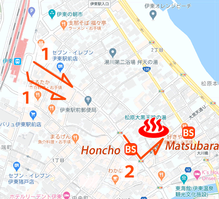 Map and bus stop of Ito Onsen Matsubara Daikokutenjinnoyu in Shizuoka Prefecture