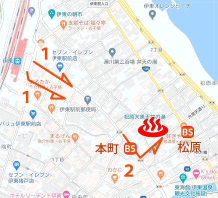 Map and bus stop of Ito Onsen Matsubara Daikokutenjinnoyu in Shizuoka Prefecture