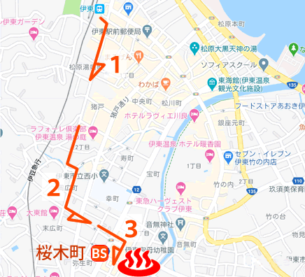 静岡県伊東温泉岡布袋の湯の地図とバス停