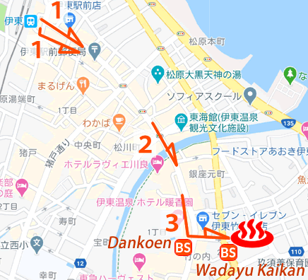 Map and bus stop of Ito Onsen Wada Jurojinnoyu in Shizuoka Prefecture
