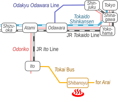 静岡県伊東温泉毘沙門天芝の湯の電車バス路線図