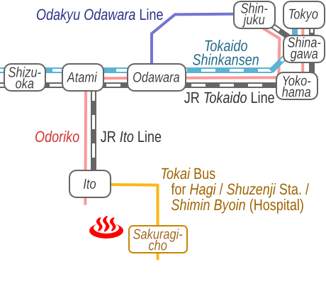 Train and bus route map of Ito Onsen Ogawa Hoteinoyu, Shizuoka Prefecture